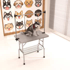 36" Folding Dog Pet Grooming Table Stainless Steel Frame Rubber Mat on Board with Adjustable Arm and Clamps pet dog Cat Grooming Table (SILVER-GRAY CO